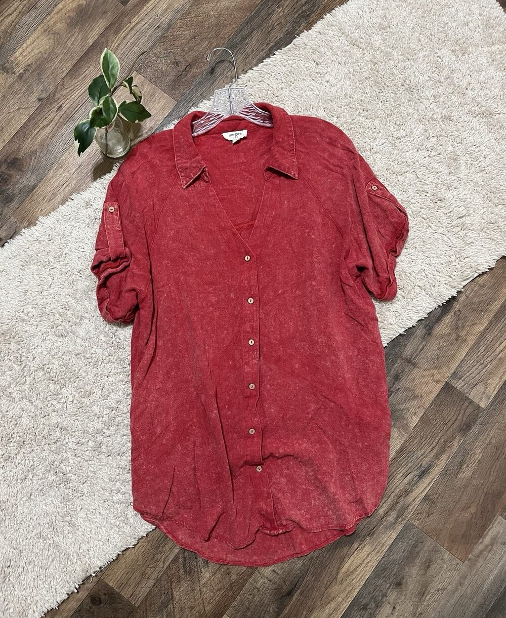 Umgee Small Oversized Red Mineral Wash Linen Blend Button Front Tunic Top